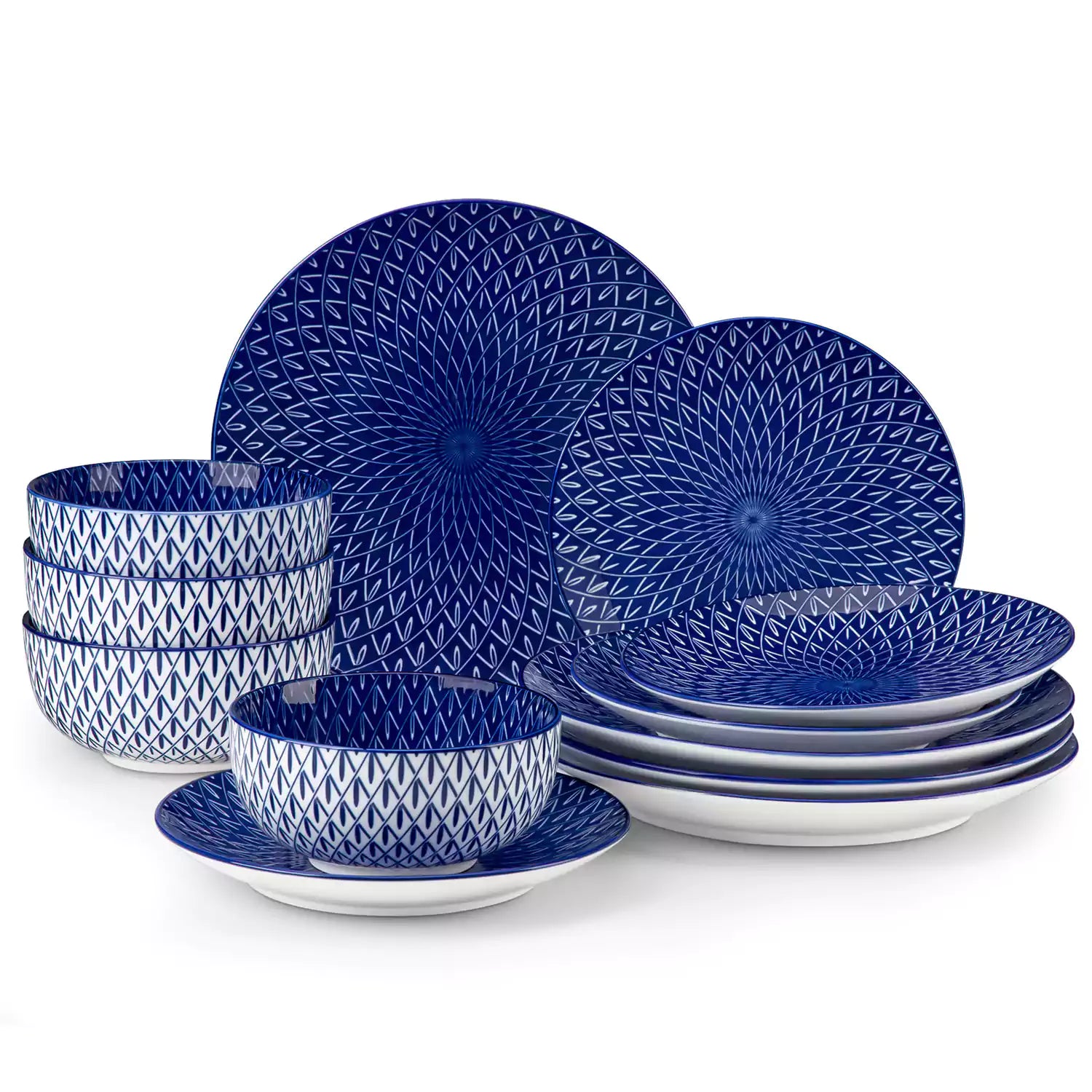 Selene 12-Piece Porcelain Dinnerware Set with blue and white Flame pattern and Japanese-inspired design - including matching plates and bowls-vancasso