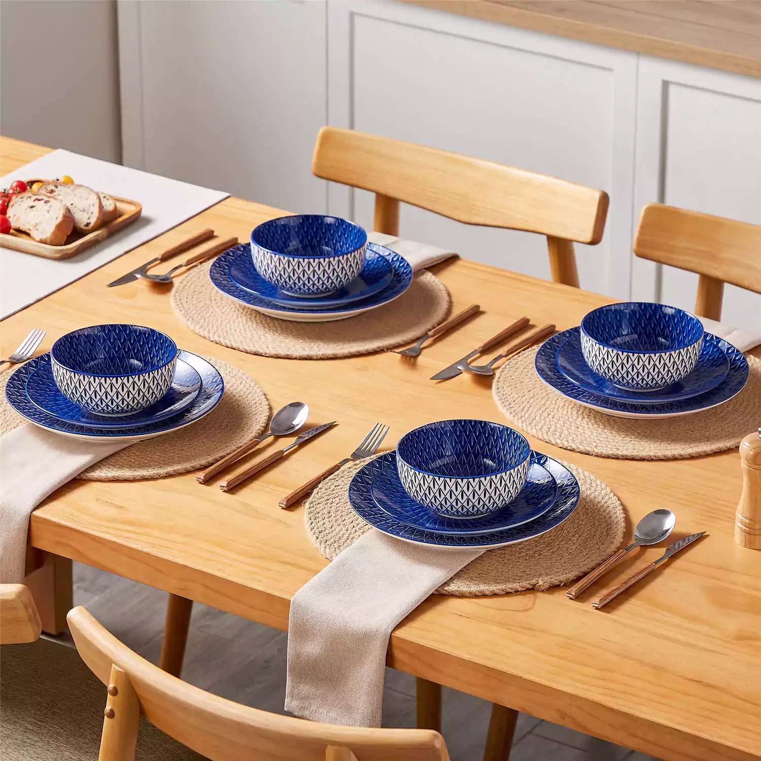 Selene 12-Piece Porcelain Dinnerware Set with blue and white Flame pattern and Japanese-inspired design - including matching plates and bowls-vancasso
