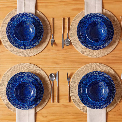 Selene 12-Piece Porcelain Dinnerware Set with blue and white Flame pattern and Japanese-inspired design - including matching plates and bowls-vancasso