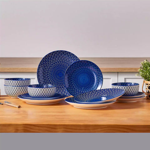 Selene 12-Piece Porcelain Dinnerware Set with blue and white Flame pattern and Japanese-inspired design - including matching plates and bowls-vancasso