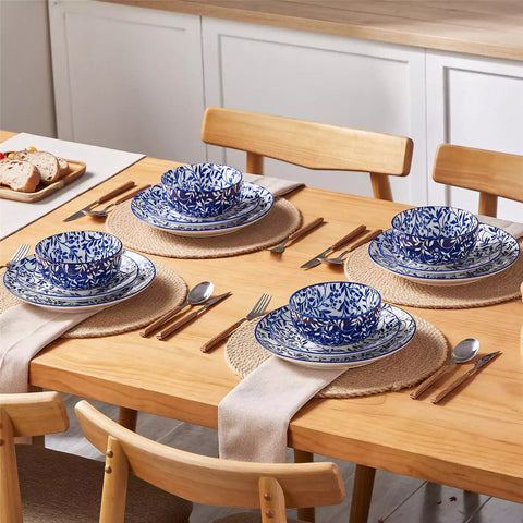 Selene 12-Piece Porcelain Dinnerware Set with blue and white Vine pattern and Japanese-inspired design - including matching plates and bowls-vancasso