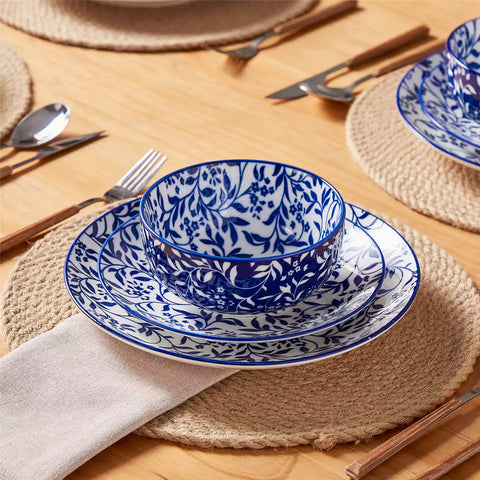 Selene 12-Piece Porcelain Dinnerware Set with blue and white Vine pattern and Japanese-inspired design - including matching plates and bowls-vancasso