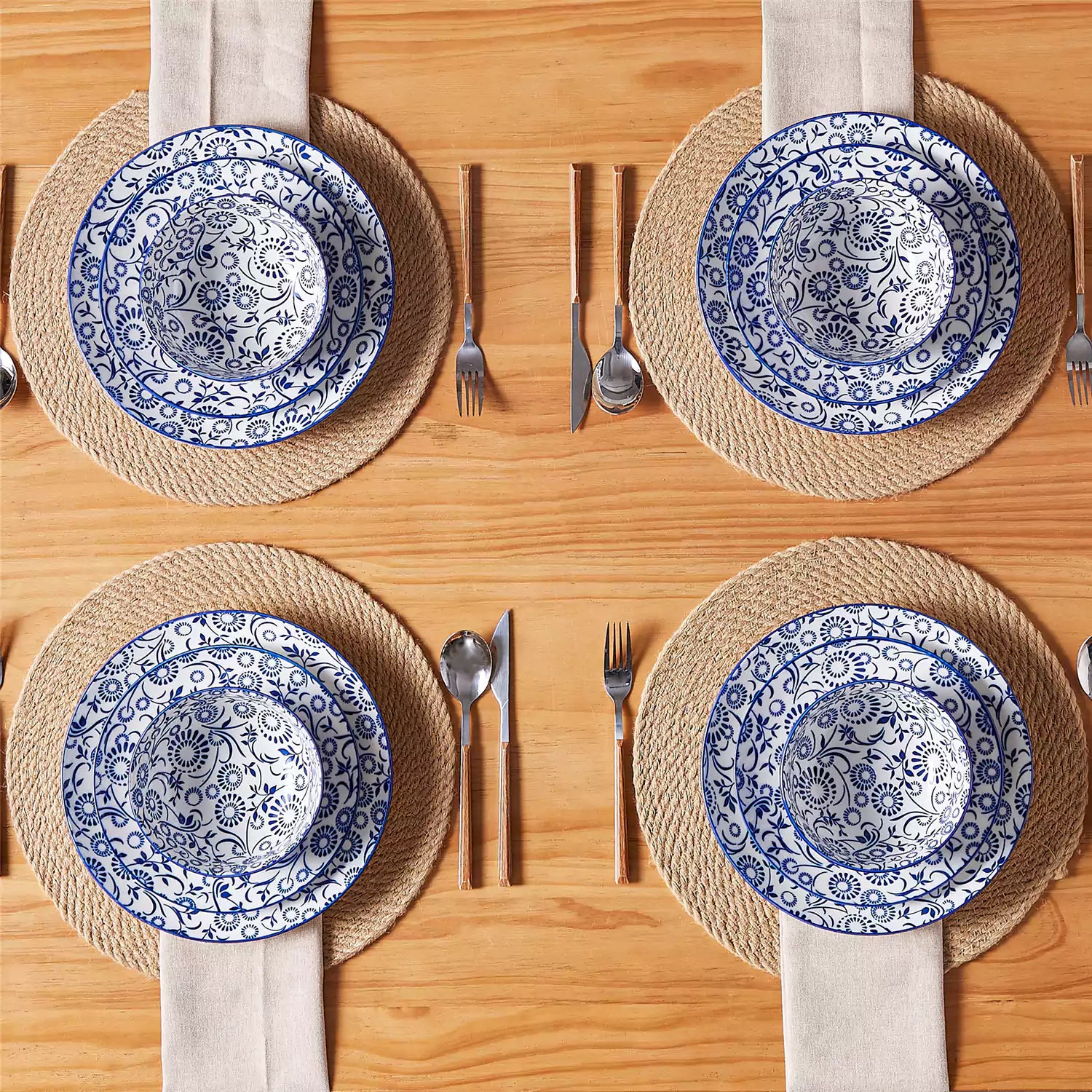 Selene 12-Piece Porcelain Dinnerware Set with blue and white Sol pattern and Japanese-inspired design - including matching plates and bowls-vancasso