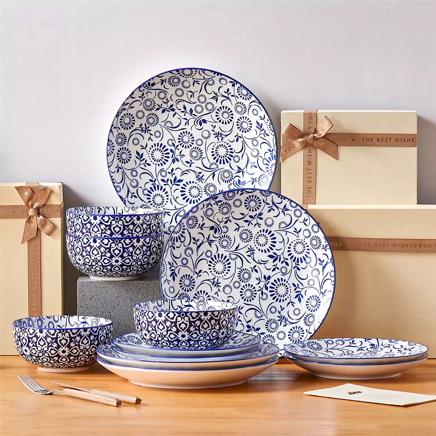 Selene 12-Piece Porcelain Dinnerware Set with blue and white Sol pattern and Japanese-inspired design - including matching plates and bowls-vancasso