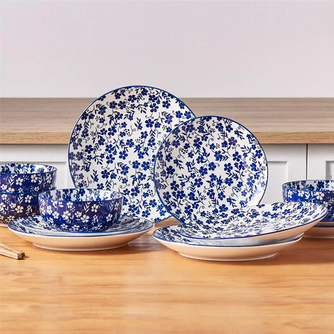 Selene 12-Piece Porcelain Dinnerware Set with blue and white Starry pattern and Japanese-inspired design - including matching plates and bowls-vancasso