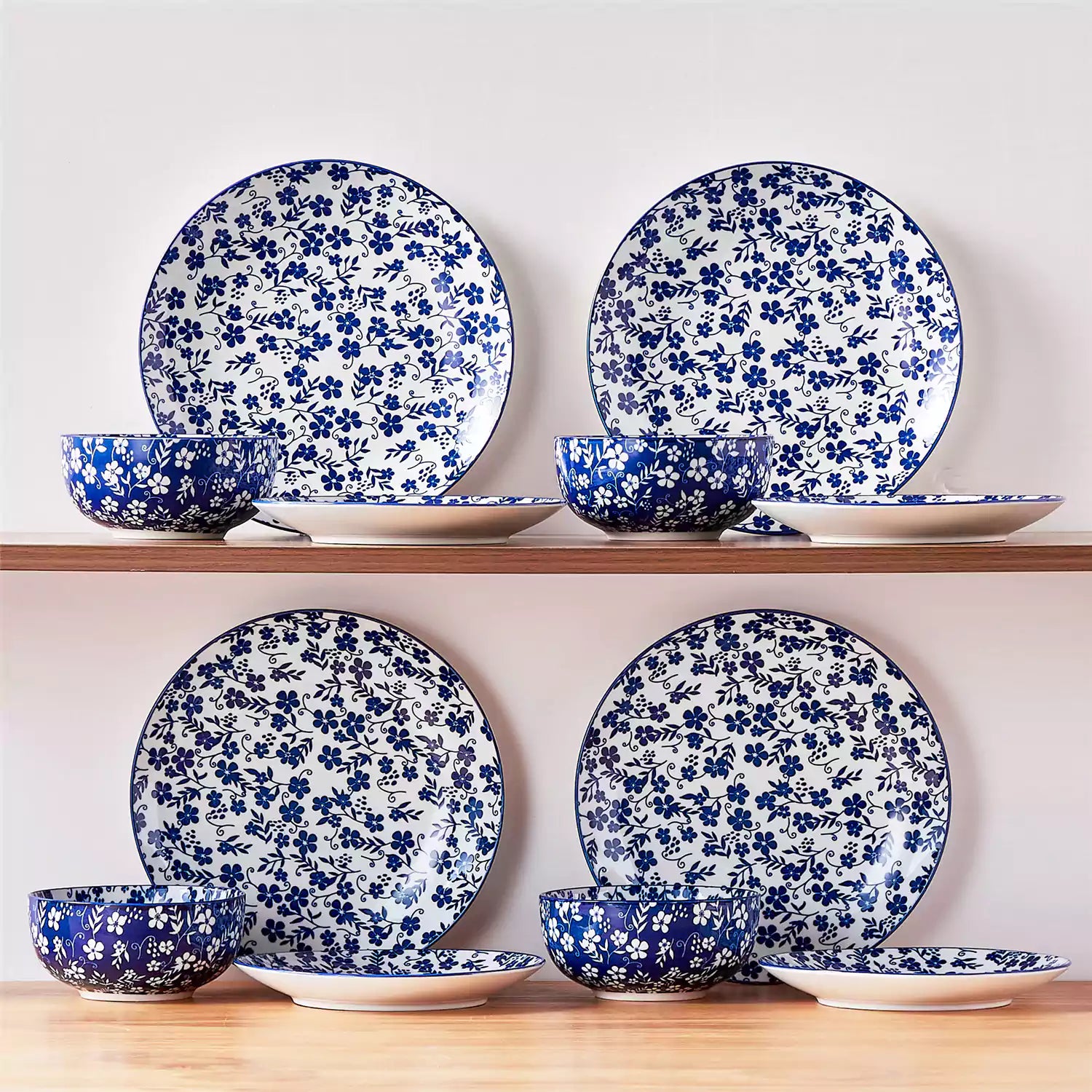 Selene 12-Piece Porcelain Dinnerware Set with blue and white Starry pattern and Japanese-inspired design - including matching plates and bowls-vancasso