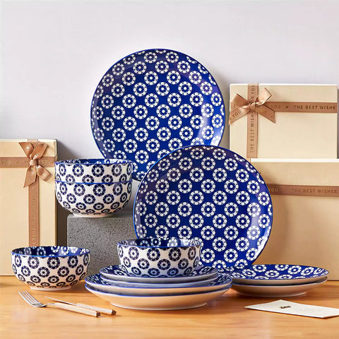 Selene 12-Piece Porcelain Dinnerware Set with blue and white Daisy pattern and Japanese-inspired design - including matching plates and bowls-vancasso