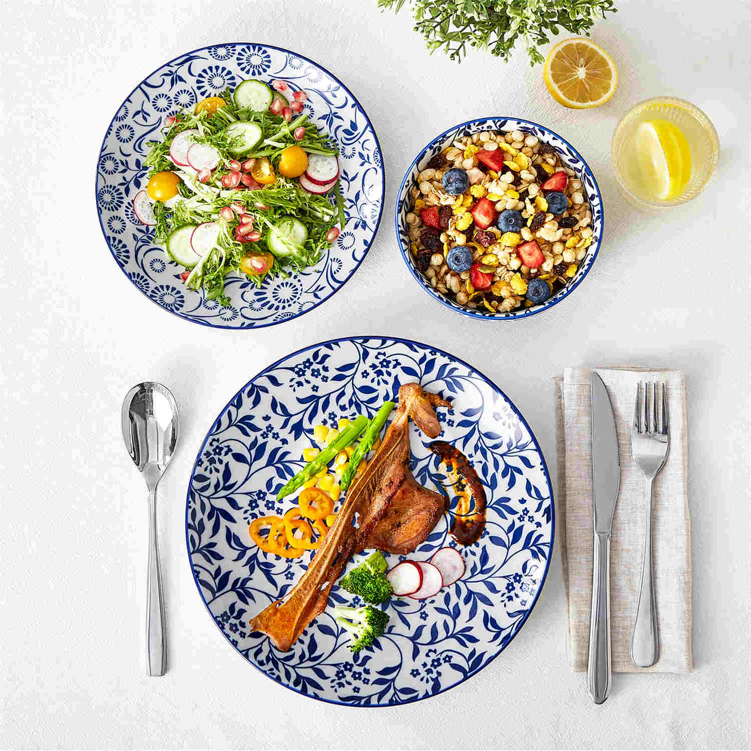 Selene 12-Piece Porcelain Dinnerware Set with blue and white glaze and Japanese-inspired design - including matching plates and bowls-vancasso
