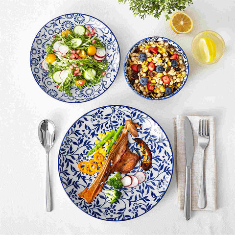 Selene 12-Piece Porcelain Dinnerware Set with blue and white glaze and Japanese-inspired design - including matching plates and bowls-vancasso