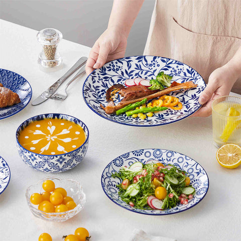 Selene 12-Piece Porcelain Dinnerware Set with blue and white glaze and Japanese-inspired design - including matching plates and bowls-vancasso