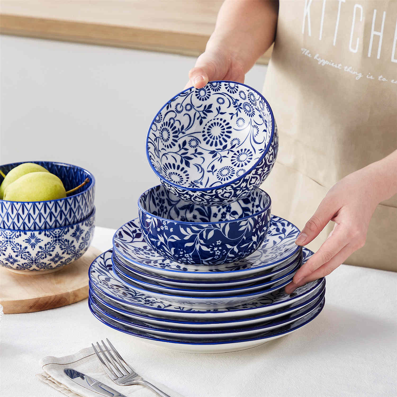 Selene 12-Piece Porcelain Dinnerware Set with blue and white glaze and Japanese-inspired design - including matching plates and bowls-vancasso