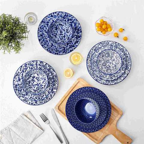Selene 12-Piece Porcelain Dinnerware Set with blue and white glaze and Japanese-inspired design - including matching plates and bowls-vancasso