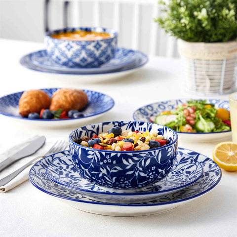Selene 12-Piece Porcelain Dinnerware Set with blue and white glaze and Japanese-inspired design - including matching plates and bowls-vancasso