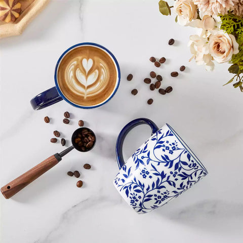 Mix and match Asian inspired porcelain mugs with Japanese indigo patterns on a coffee table