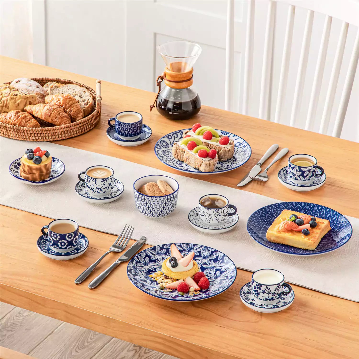 Stackable Selene 3oz blue and white indigo pattern porcelain espresso cups and saucers with a minimalist metal organizer