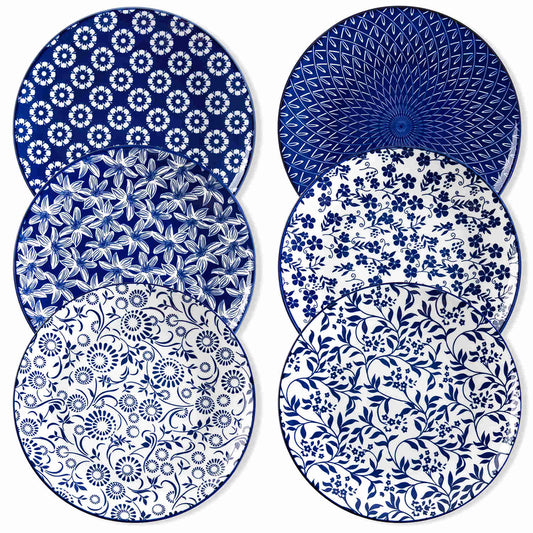 Selene 6-Piece Porcelain Dinner Plates Set, featuring beautiful Japanese-inspired floral patterns and a vibrant blue-and-white glaze-vancasso 1500