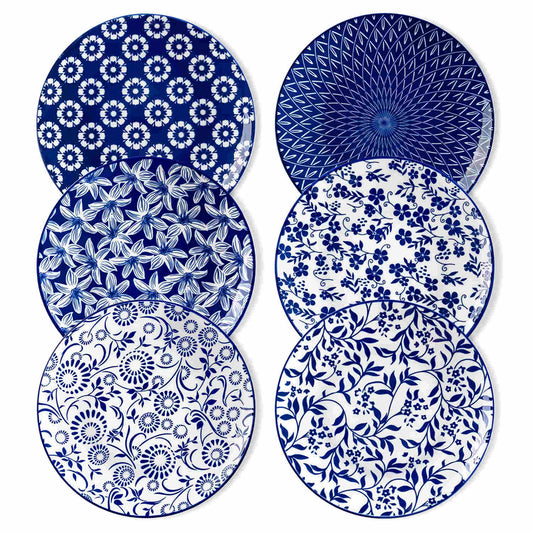 Selene 6-Piece Porcelain Salad Plates Set in Blue and White, adorned with exquisite Japanese-inspired floral motifs and a lustrous finish-vancasso 1500