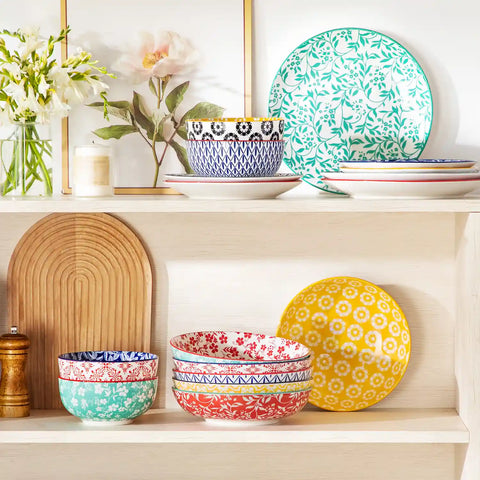 Selene porcelain vibrant pasta bowls set of 6 colorful floral geometric flat lay with breakfast food