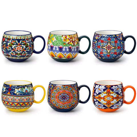 Simi deep round porcelain mugs 15oz set of 6 on cream table with coffee coffee machine beans and greenery Bohemian style-vancasso