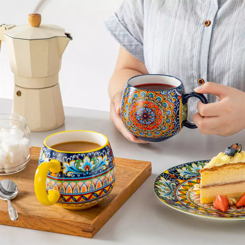 Simi deep round porcelain mugs 15oz set of 6 on cream table with coffee coffee machine beans and greenery Bohemian style-vancasso