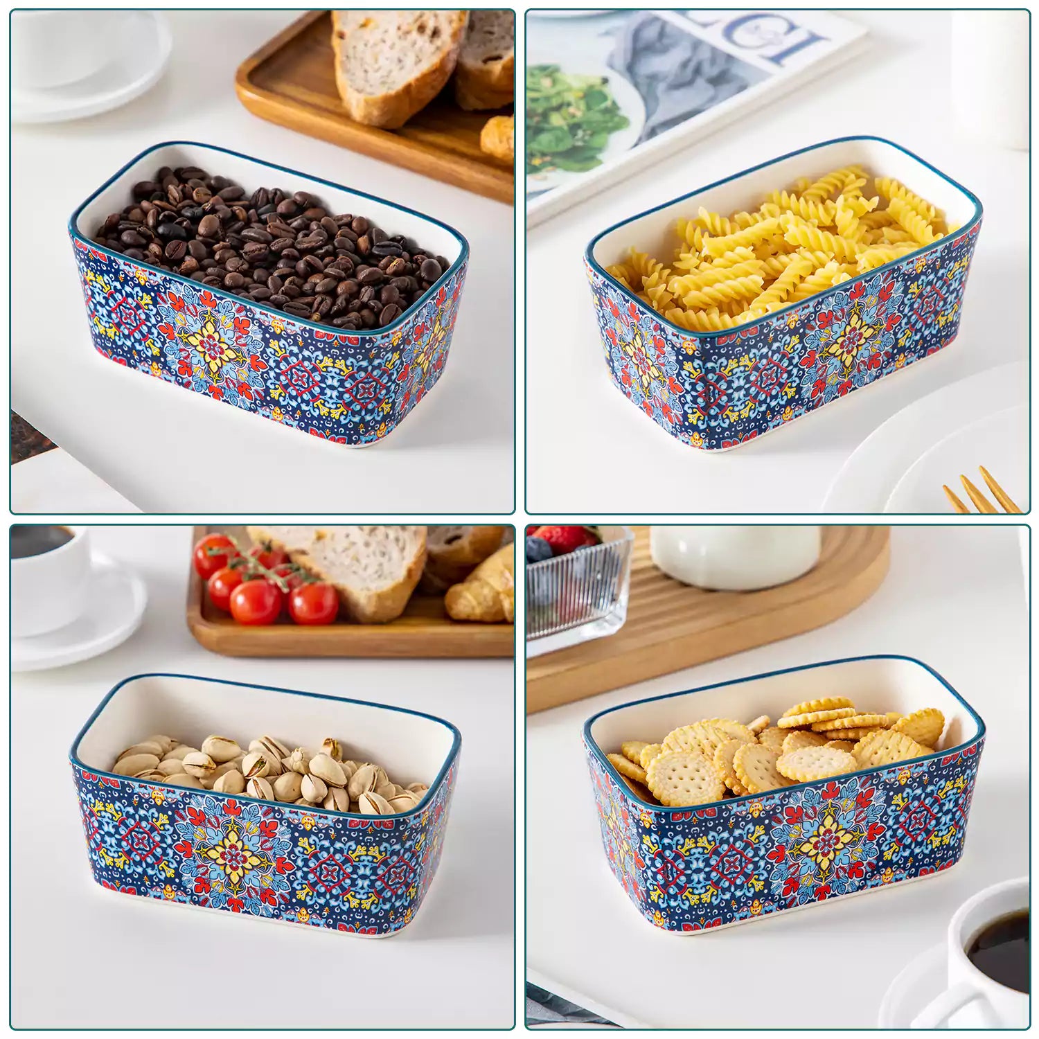 Midnight blue porcelain butter dish with wooden lid in boho chic style - perfect for a colorful breakfast table with bread and coffee-vancasso