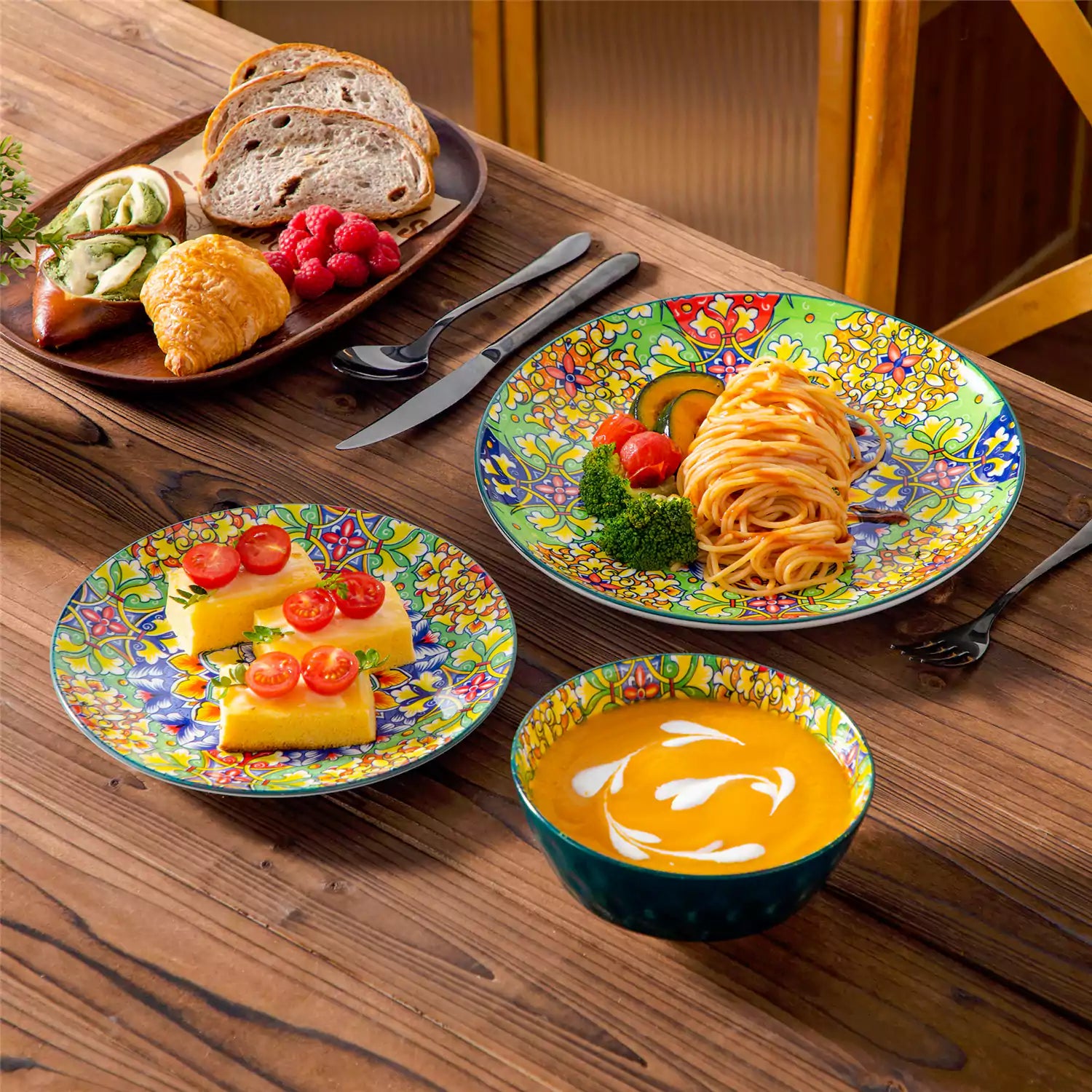 Bohemian-style 12-piece porcelain dinnerware set with front-only floral and geometric patterns in assorted mix - modern and artistic table setting