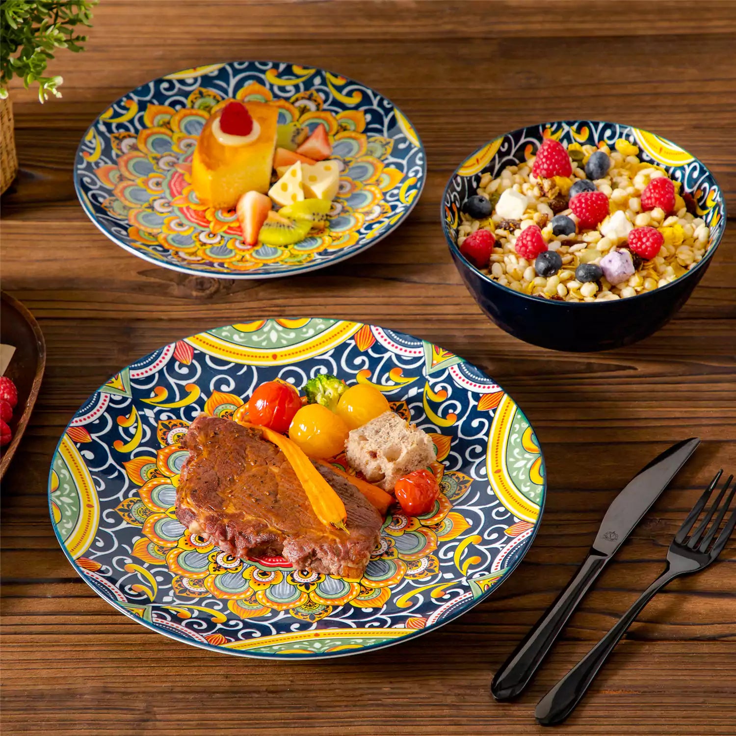 Bohemian-style 12-piece porcelain dinnerware set with front-only floral and geometric patterns in assorted mix - modern and artistic table setting