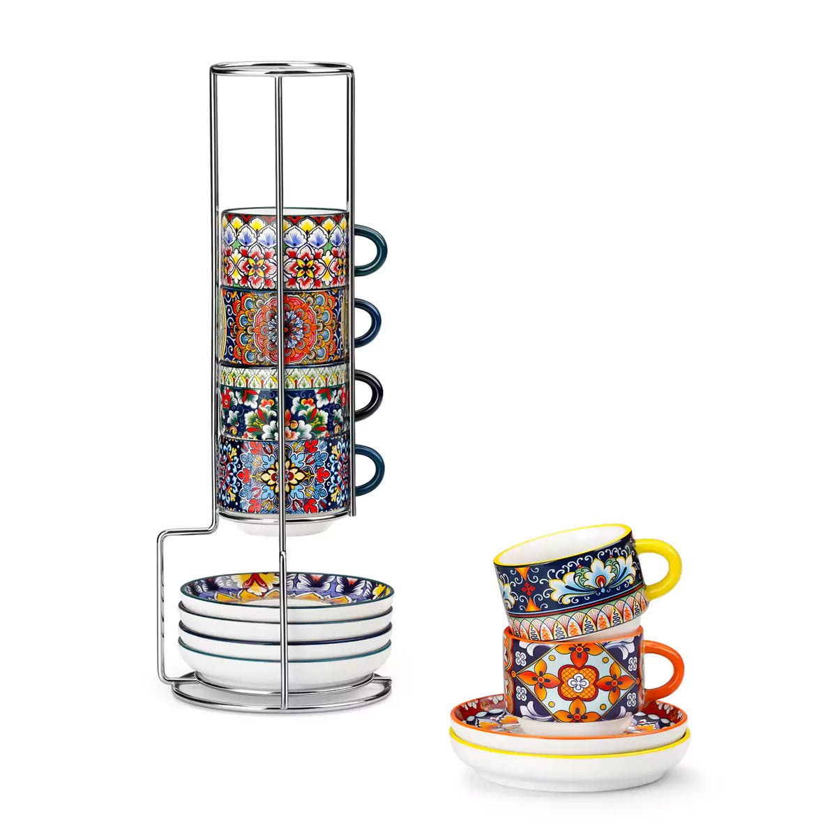 Simi 12 piece porcelain espresso set with 3oz cups and saucers in vibrant boho chic floral patterns on a black metal storage rack with a magazine and napkin on a wooden table