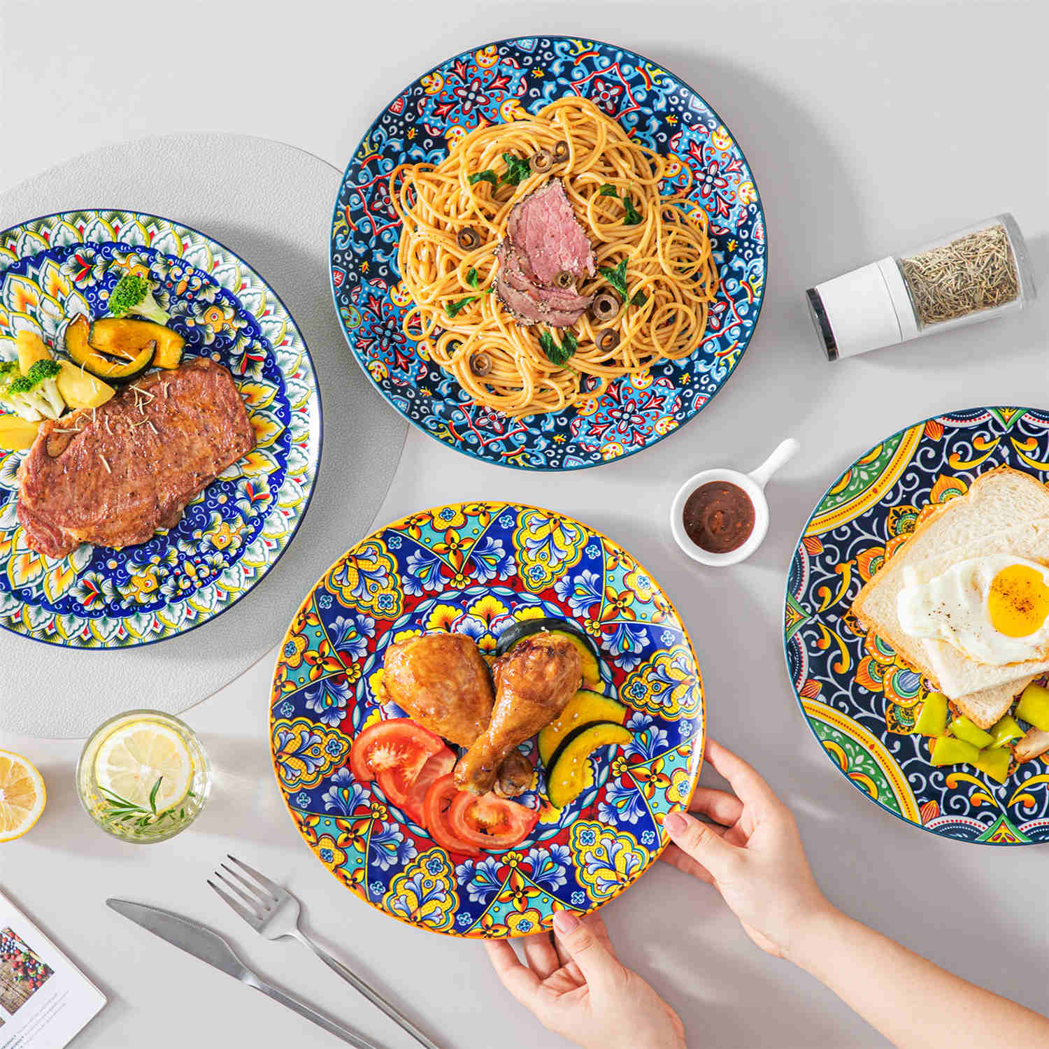 Boho Chic Simi Porcelain Dinner Plates Set of 6 with Vibrant Pattern-vancasso