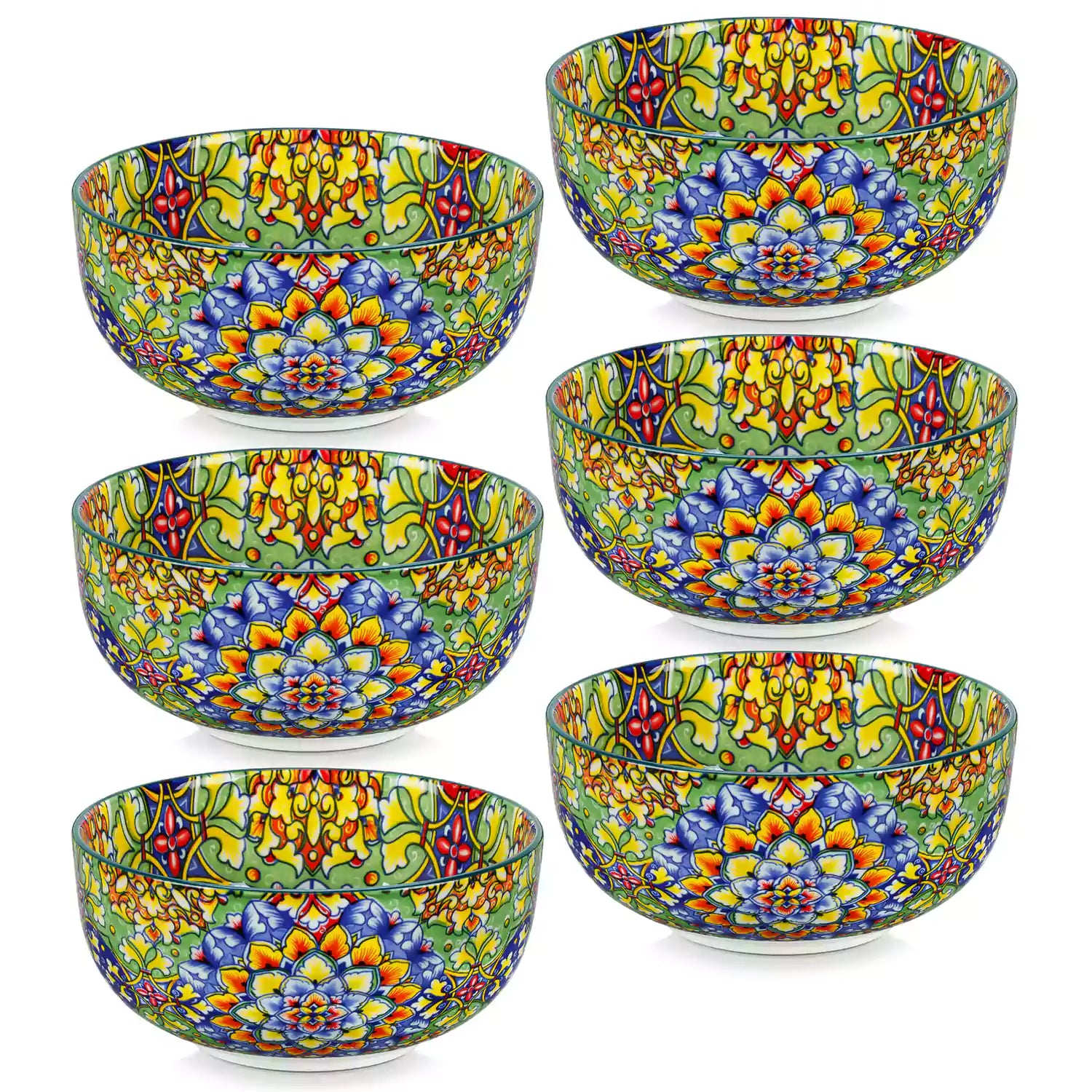 The Simi Set of 6 Double-Sided Stoneware Bowls by vancasso features a stylish boho chic design in grass green