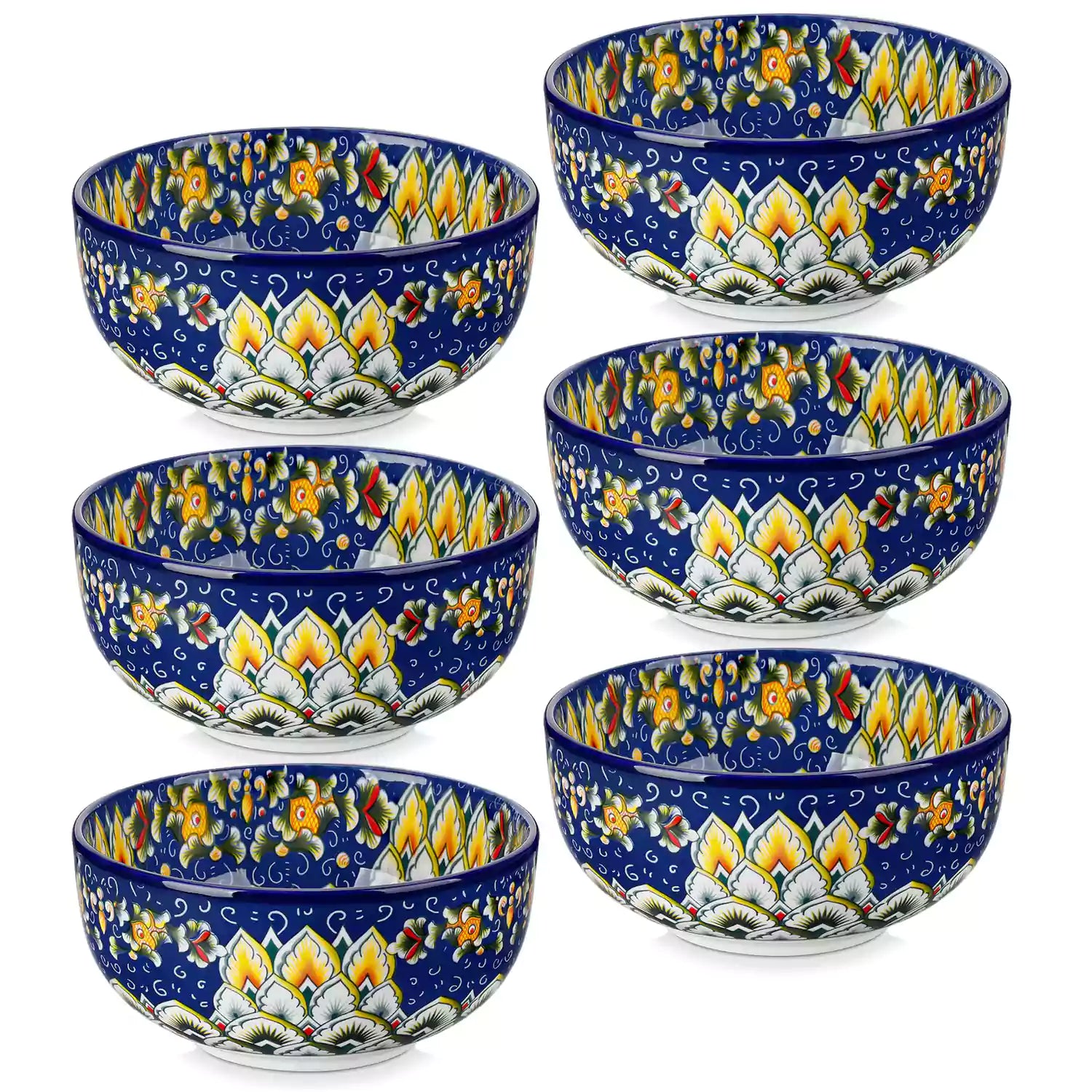 The Simi Set of 6 Double-Sided Stoneware Bowls by vancasso features a stylish boho chic design in navy blue