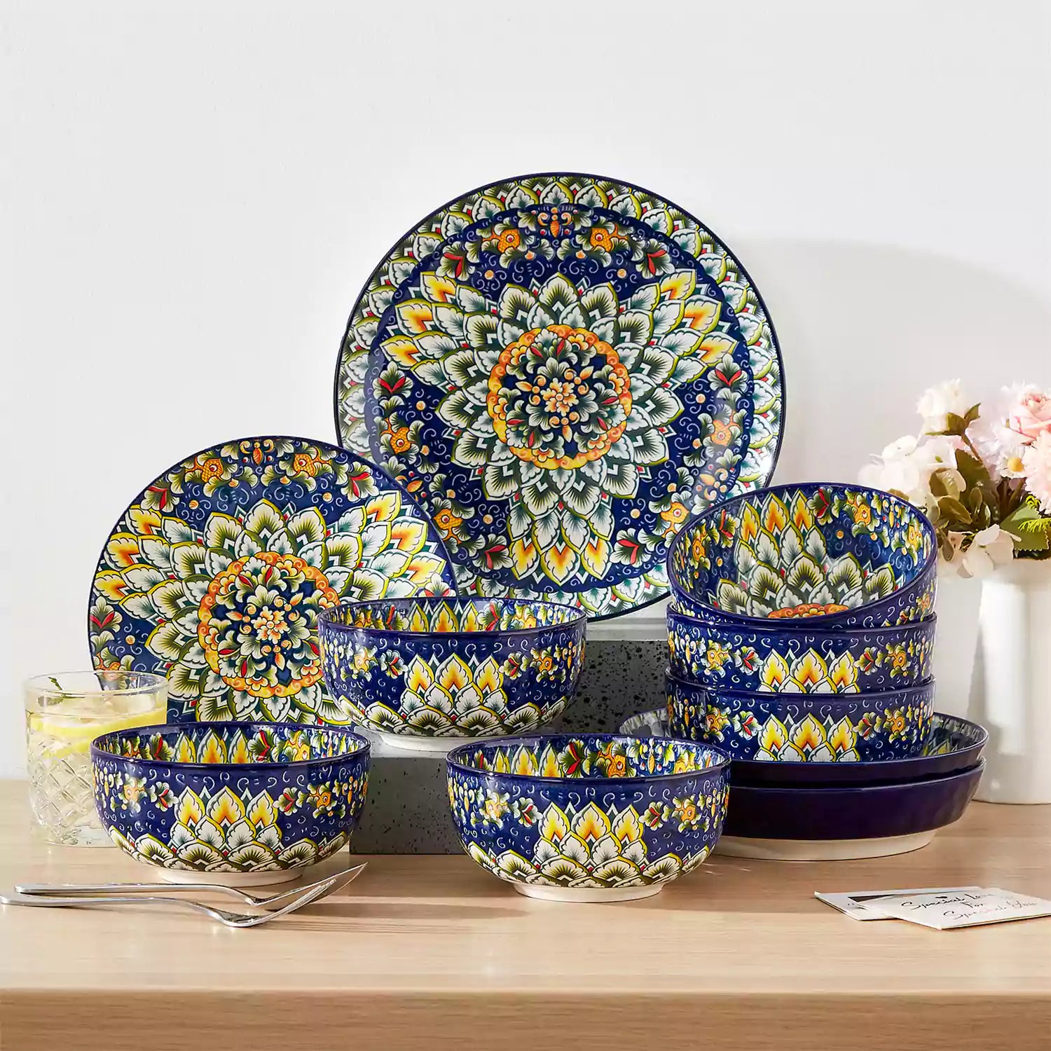 The Simi Set of 6 Double-Sided Stoneware Bowls by vancasso features a stylish boho chic design in navy blue
