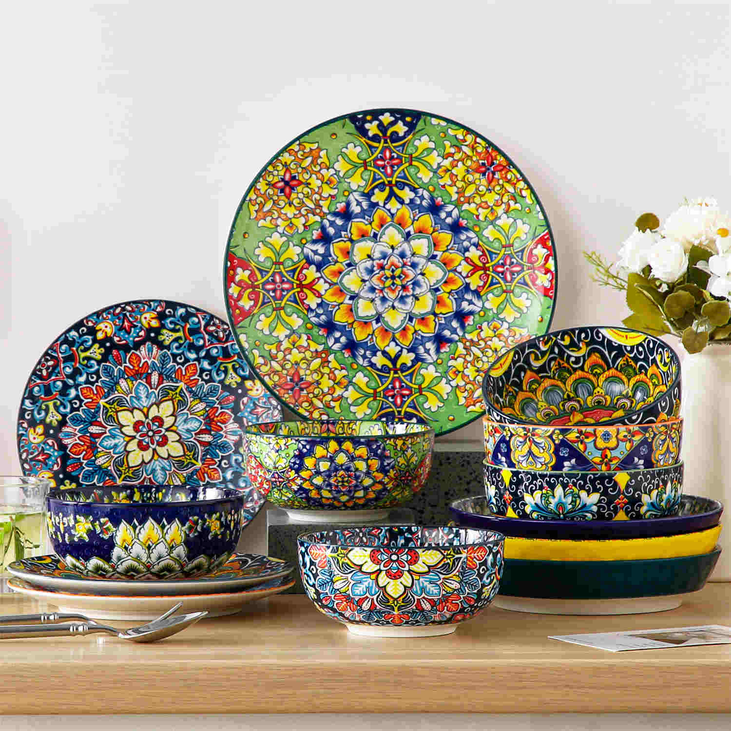 The Simi Set of 6 Double-Sided Stoneware Bowls by vancasso features a stylish boho chic design in assorted colors
