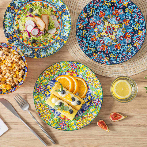Boho Chic Simi Porcelain Salad Plates Set of 6 with Vibrant Pattern-vancasso