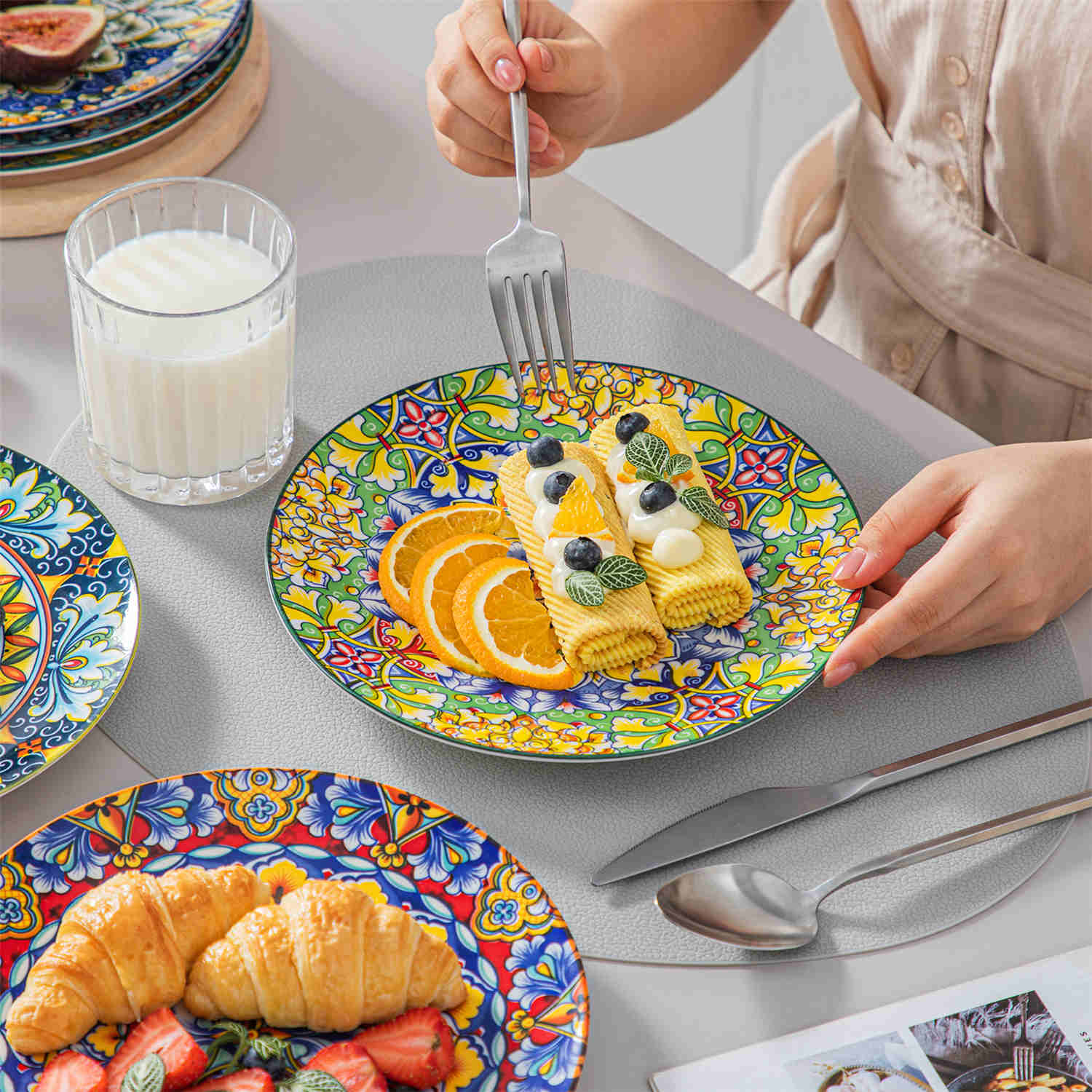 Boho Chic Simi Porcelain Salad Plates Set of 6 with Vibrant Pattern-vancasso