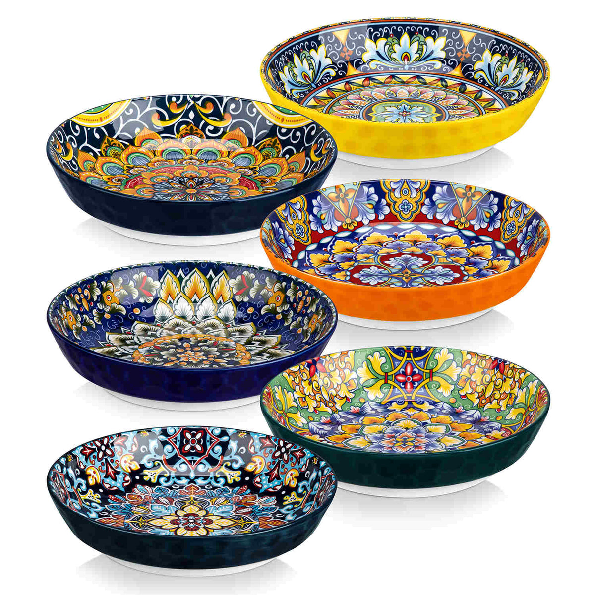 Boho Chic Simi Porcelain Pasta Bowls Set of 6 with Vibrant Pattern-vancasso