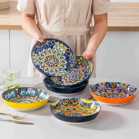 Boho Chic Simi Porcelain Pasta Bowls Set of 6 with Vibrant Pattern-vancasso