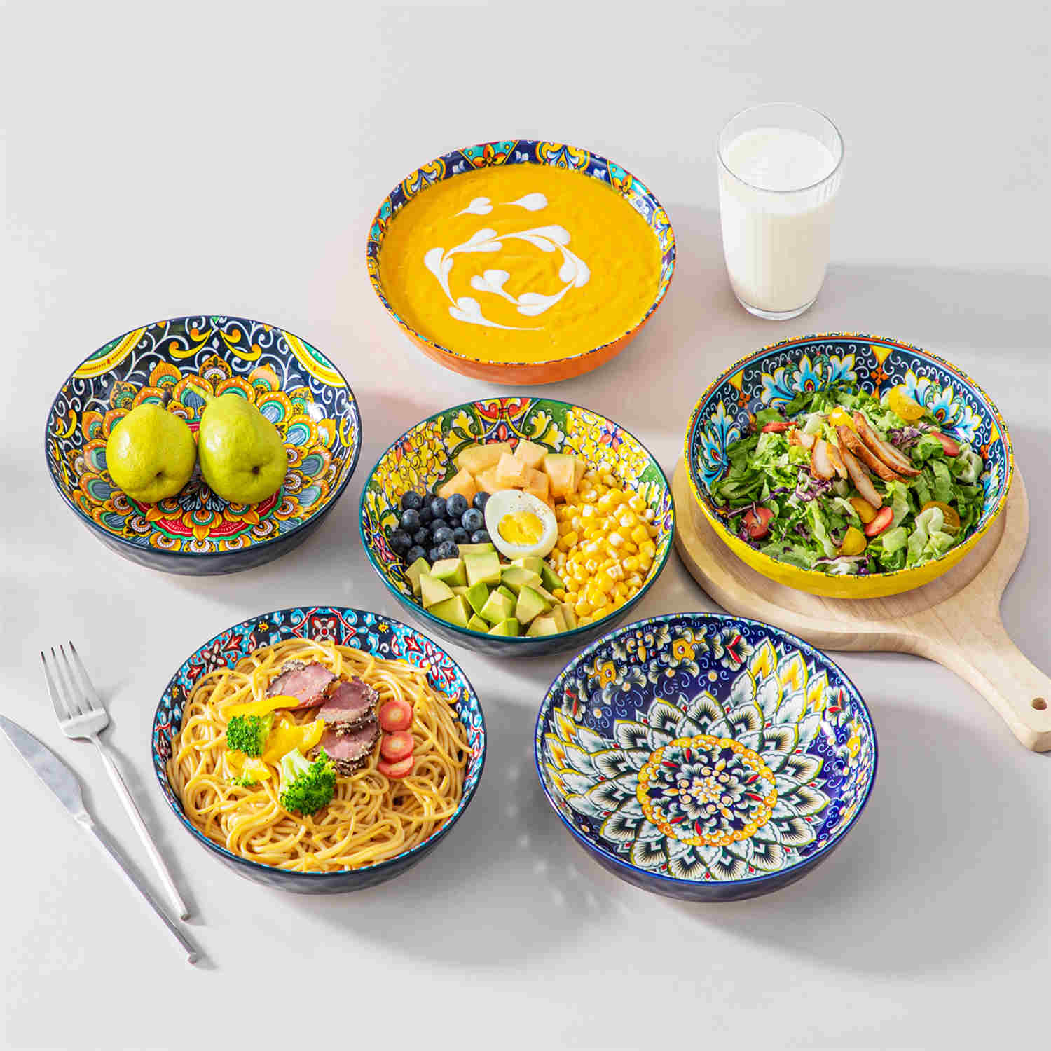 Boho Chic Simi Porcelain Pasta Bowls Set of 6 with Vibrant Pattern-vancasso
