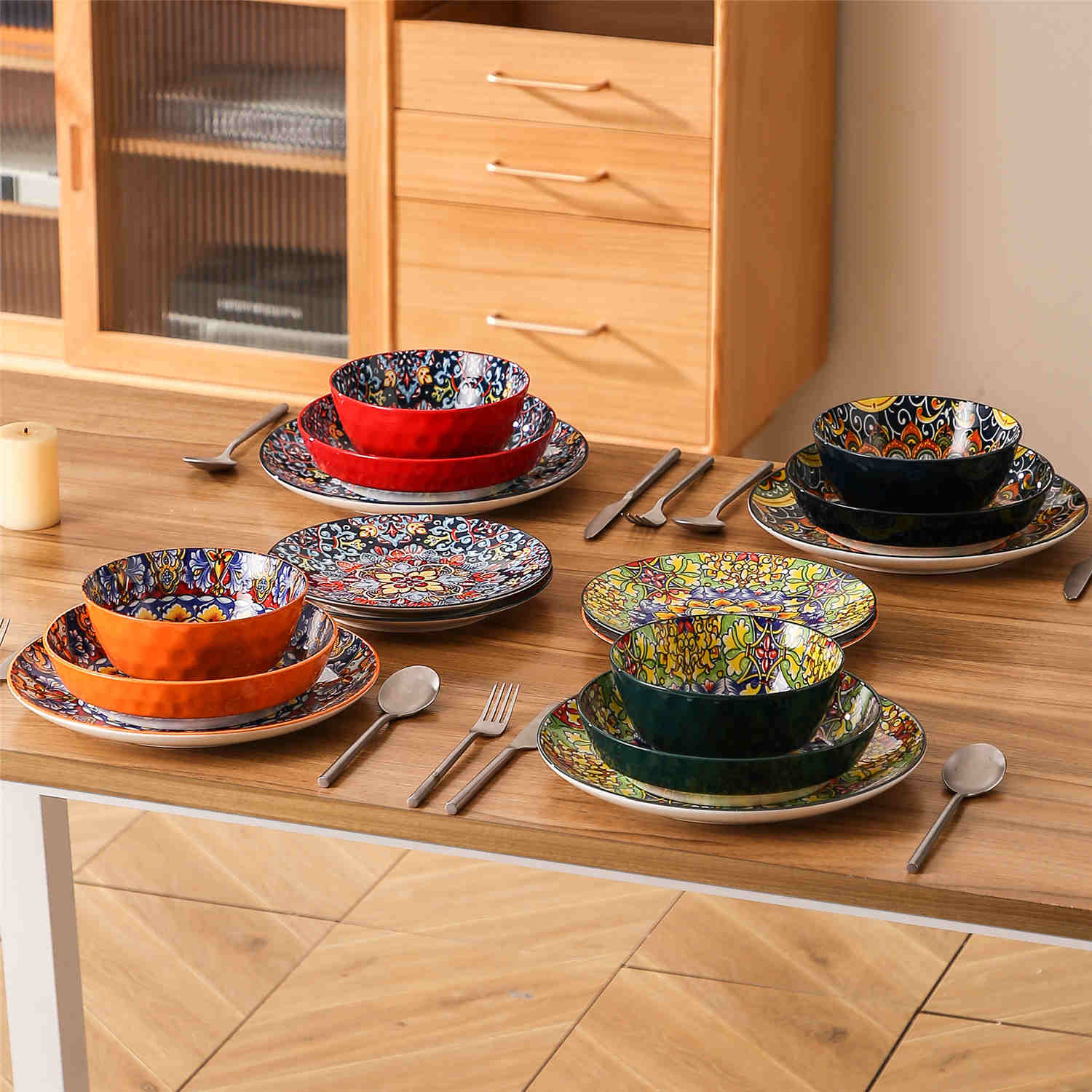 Boho Chic Simi 16-Piece Porcelain Dinnerware Set in Assorted Colors with Embossed Cereal Bowls