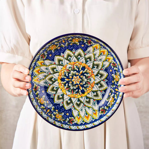 Boho chic porcelain pasta bowls set of 6 with colorful cherry tomatoes and lemons on a wooden surface-vancasso