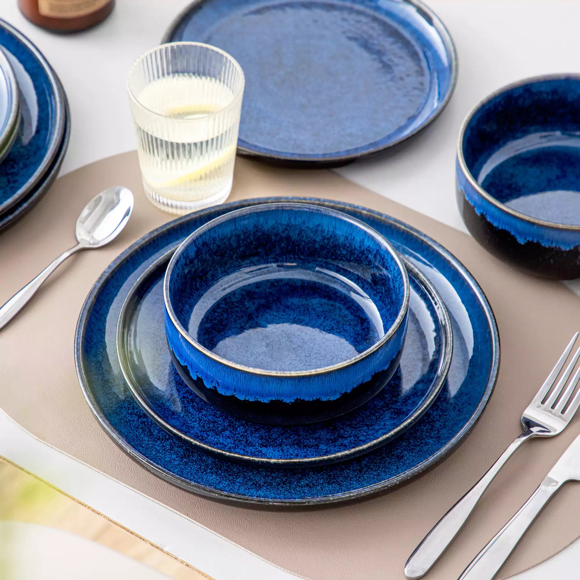 Starry Lipped-Edge 12-Piece Stoneware Dinnerware Set Featuring A Unique Starry Design And Functional Lipped Edges - Blue
