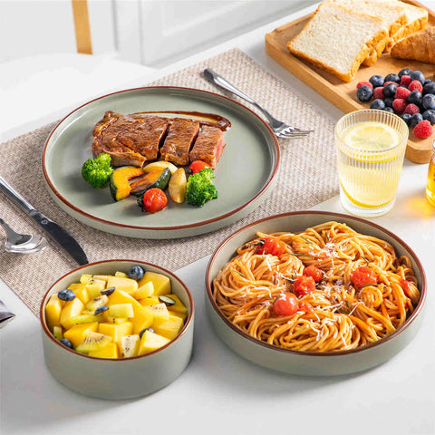 Modern Venus Glossy Green 12 Piece Stoneware Dinnerware Set with Brown Trims-vanacasso