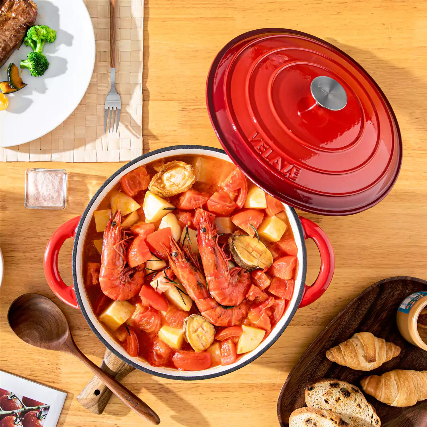 Velaze Six and a Half Quart Enameled Cast Iron Dutch Oven Ideal For Roasting Stewing With A Lid For Superior Heat Retention - Red