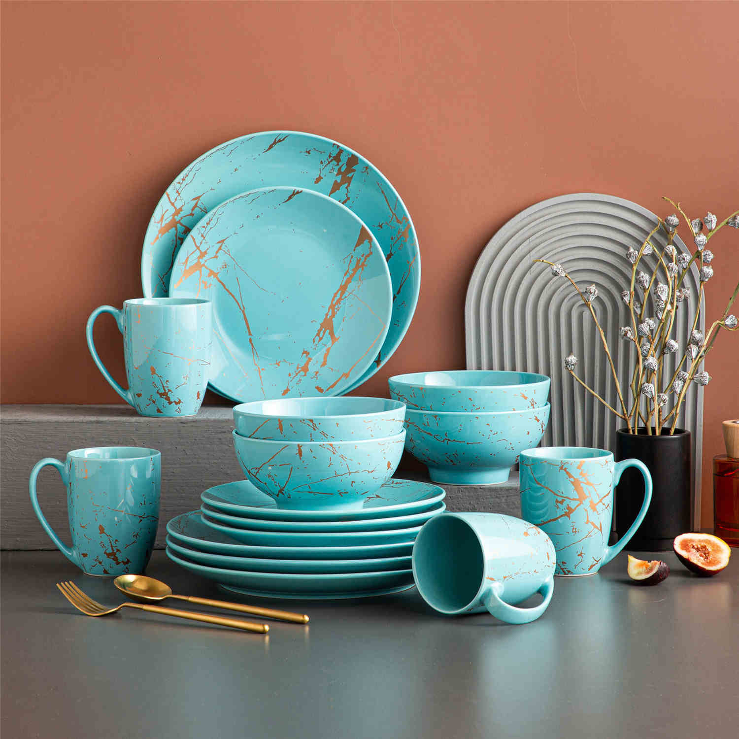 Lovecasa 16-Piece Gold Splash Dinnerware Set Combining Elegance And Functionality For Any Dining Occasion - Turquoise