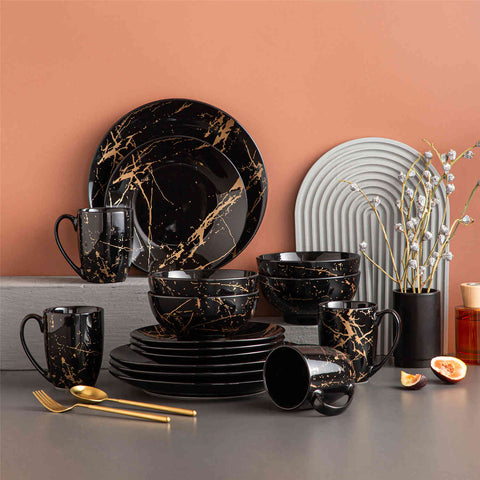 Lovecasa 16-Piece Gold Splash Dinnerware Set Combining Elegance And Functionality For Any Dining Occasion - Black
