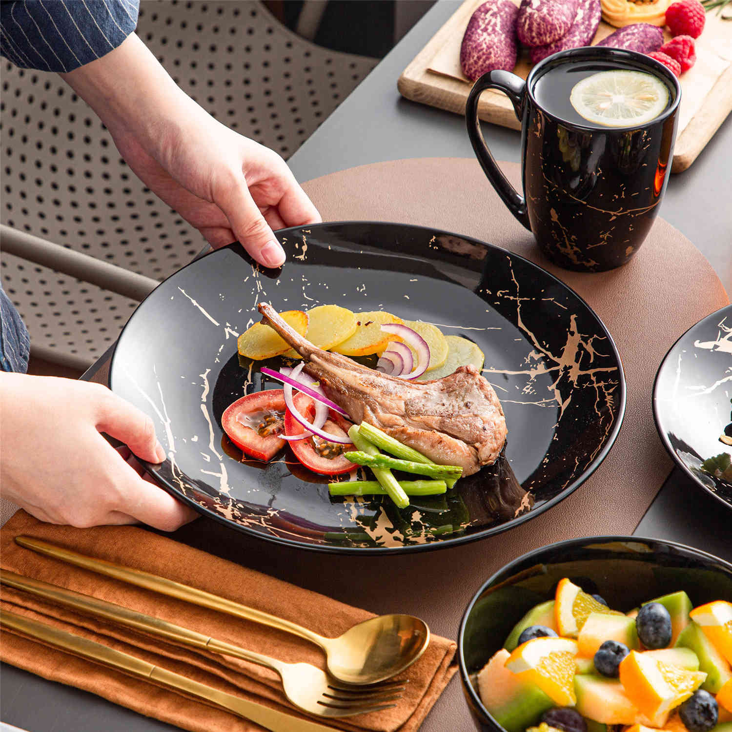 Lovecasa 16-Piece Gold Splash Dinnerware Set Combining Elegance And Functionality For Any Dining Occasion - Black