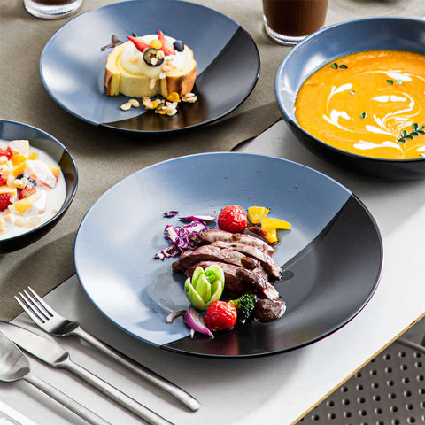 Accel 16-piece blue and black two-tone semi-matte dinnerware set with steak plate soup bowl and dessert plate