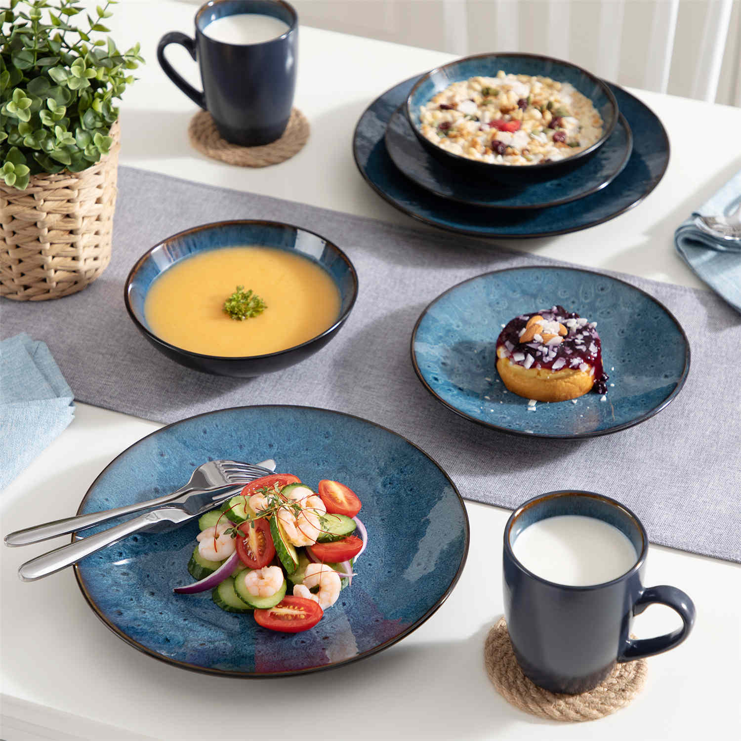 Bubble 16 Piece Stoneware Dinnerware Set With A Modern Textured Design - Perfect For Elevating Everyday Meals - Blue